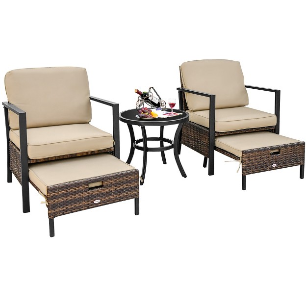 Costway 5pcs Patio Wicker Conversation Set Space Saving Cushions Chairs With Ottomans Table