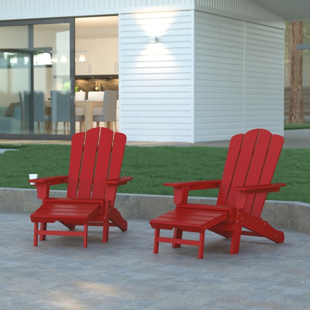 Emma And Oliver Set Of 2 Adirondack Chairs With Cup Holders And Pull Out Ottoman All weather Hdpe Indoor outdoor Lounge Chairs