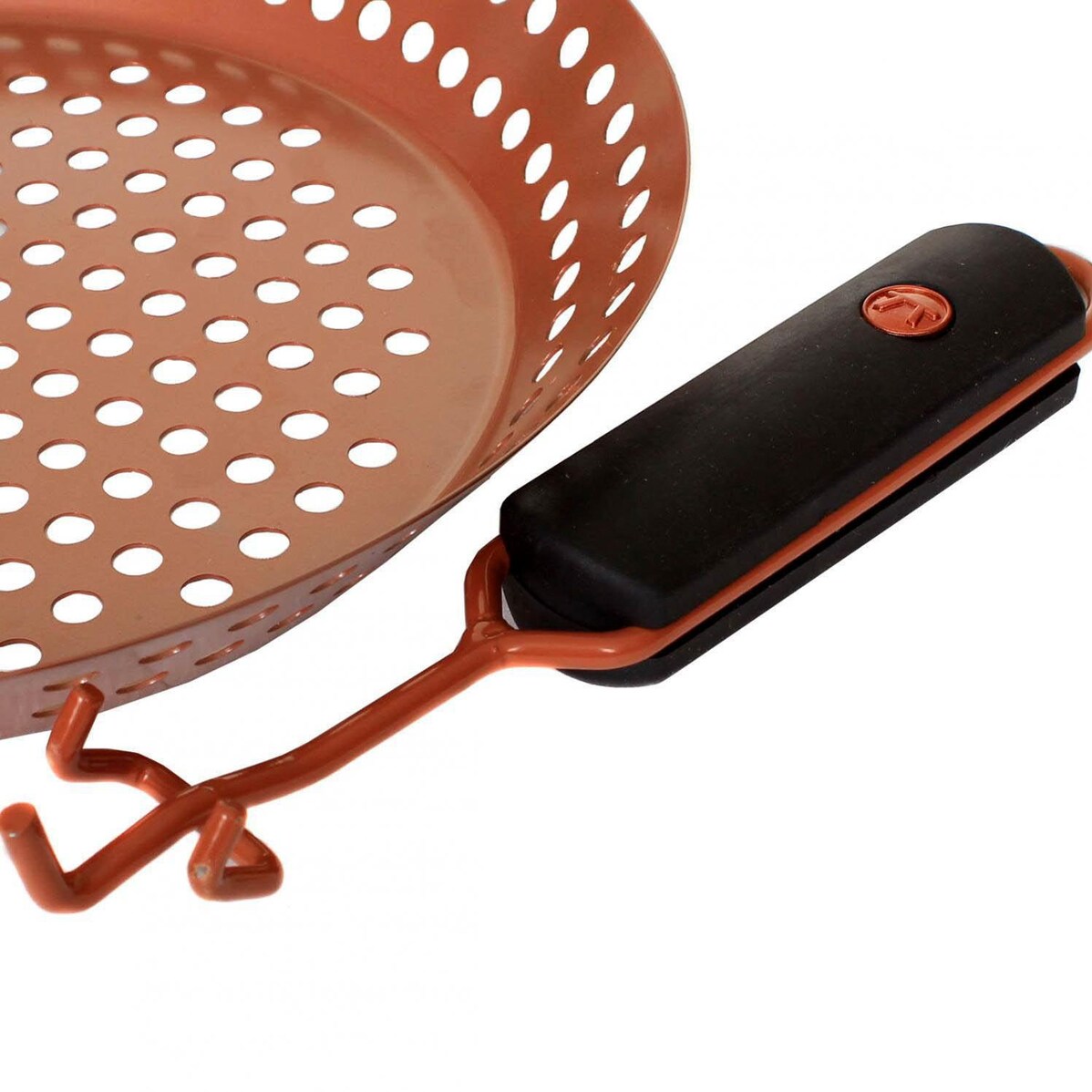 Outset 12-Inch Diameter Copper Non-Stick BBQ Skillet Grill Basket With Removable Soft-Grip Handle