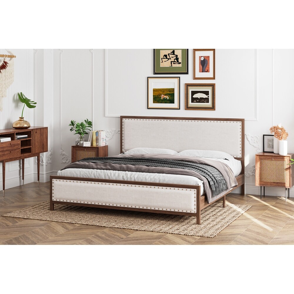 Upholstered Platform Bed with Linen Headboard and Footboard