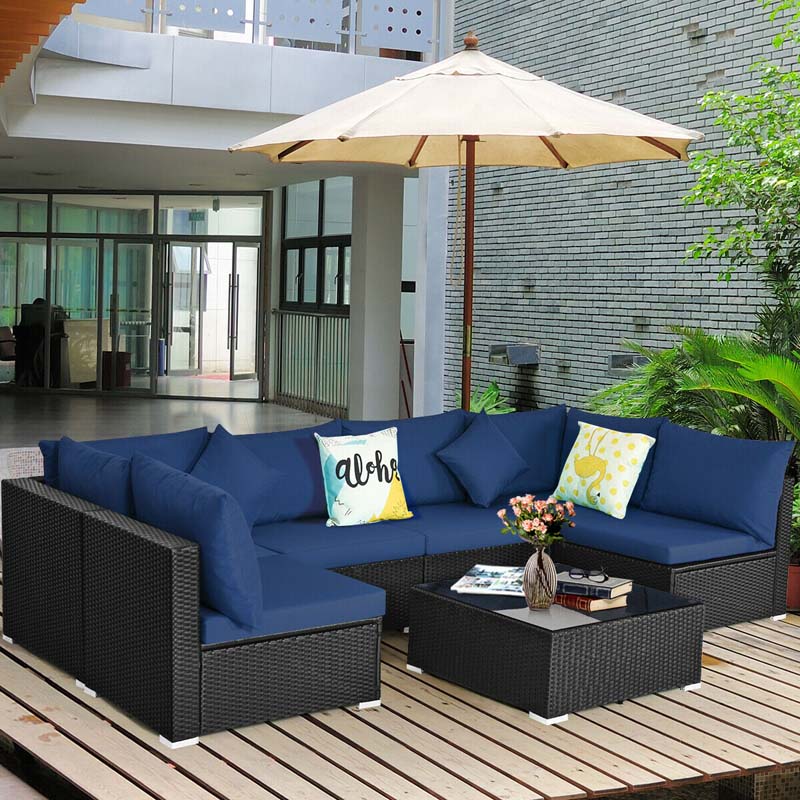 7 Pcs Rattan Patio Furniture Sectional Sofa Set Outdoor Wicker Conversation Set with Back & Seat Cushions Pillows