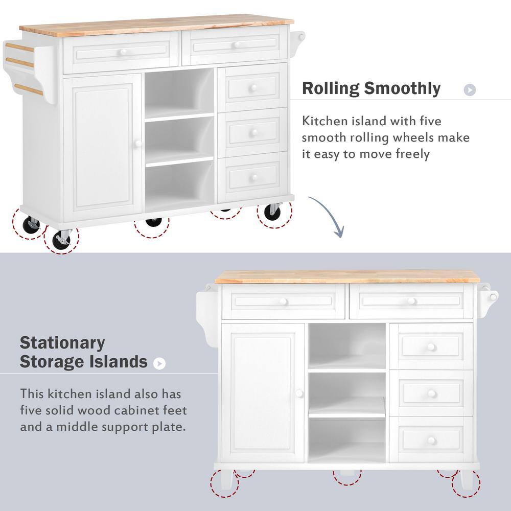 Rubber Wood Desktop White 52.8 in. W x 18.1 in. D x 36.2 in. H Kitchen Island on 5 Wheels with Spice Rack and Drawers W999VESINK21