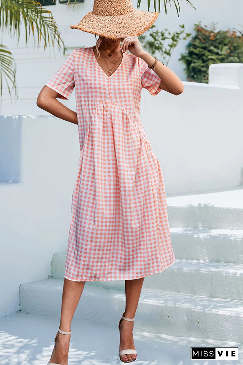 V Neck Plaid Ruffles Loose Midi Dress