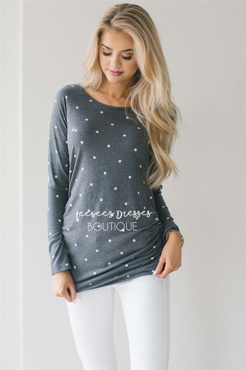 Elbow Patch Polka Dot Side Shirred Top