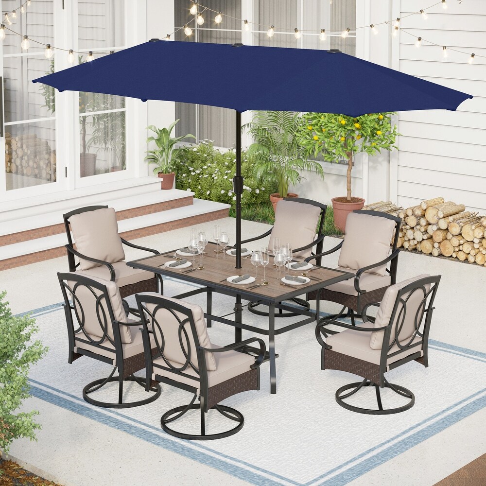 7/8 Piece Patio Dining Set of 6 Swivel Steel Rattan Chairs with Deep seating and Back Cushions 1 Wood like Table Top