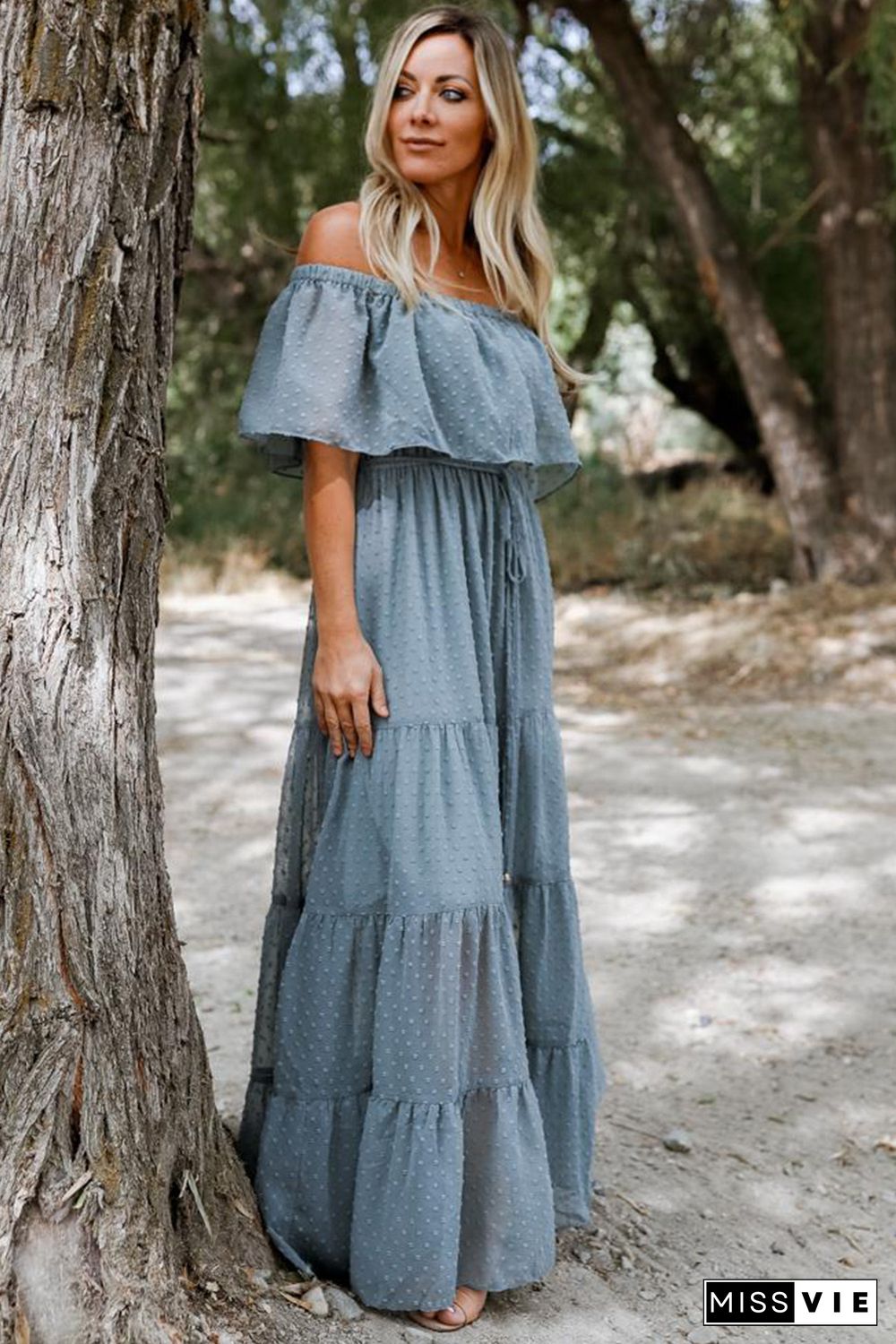 Sky Blue Off Shoulder Ruffle Swiss Dot Maxi Dress