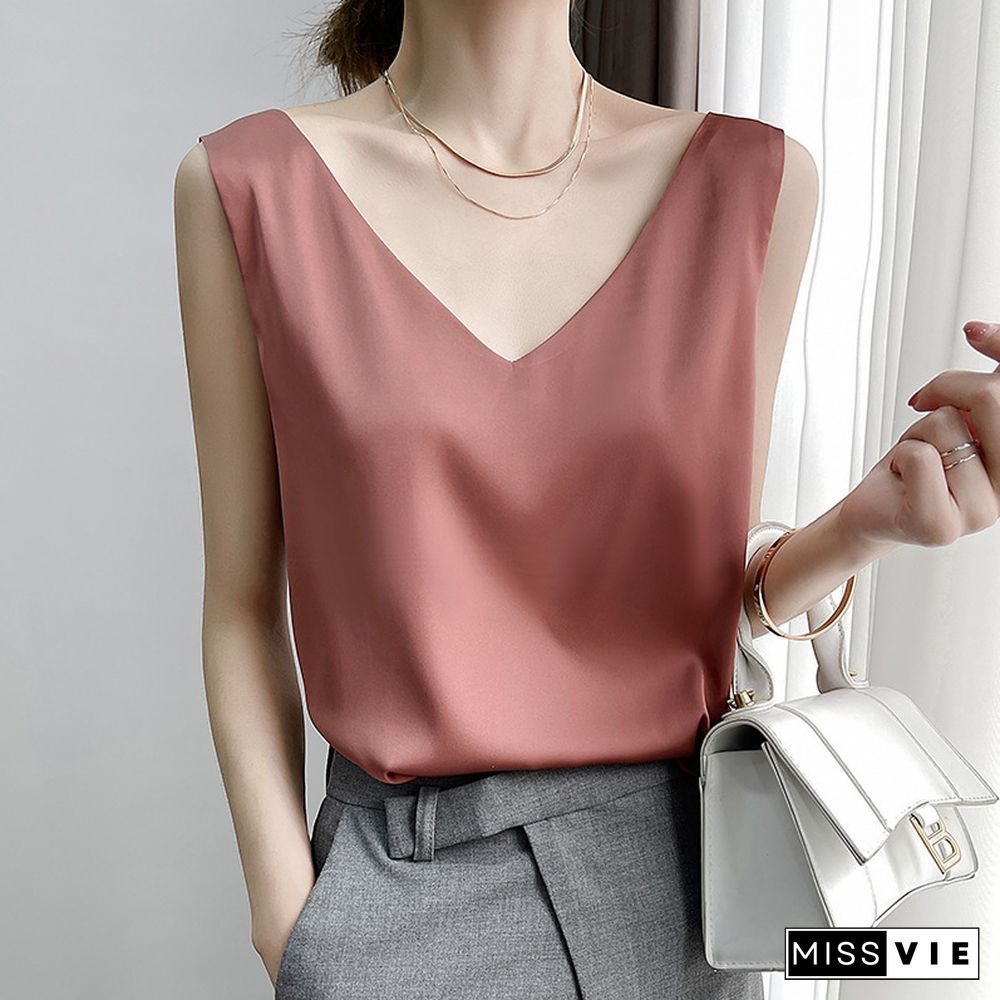 Summer V Neck Suspender Vest Female Ice Satin Silk Camisole Women Outer Wear Sleeveless Top With Small Suit Inner Base Shirt