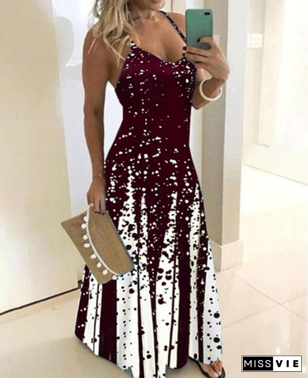 New Summer Fashion Women Boho Styles Casual Sleeveless Maxi Dress Ladies Floral Printed Spaghetti Strap V-Neck Big Swing Dress Party Dresses