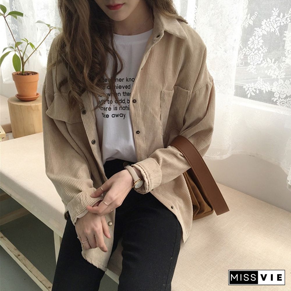 Women Vintage Spring Autumn Loose Shirts Korean Style Solid Color Blouse Long Sleeve Corduroy Coat