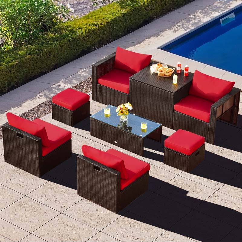 8 Pcs Rattan Patio Sectional Sofa Set with Storage Box & Waterproof Cover