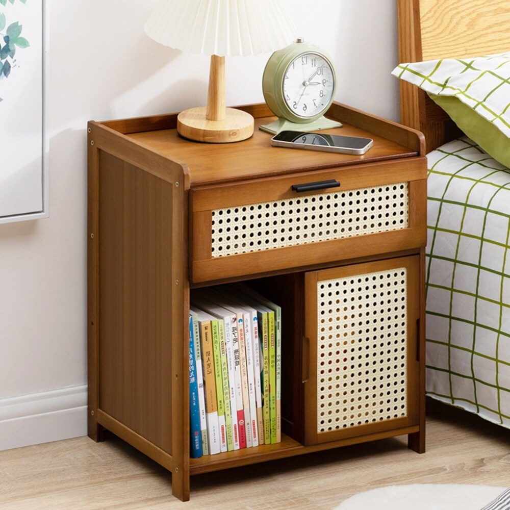 Bamboo Nightstand with Drawer and Shelf Bohemian Bedside Tables