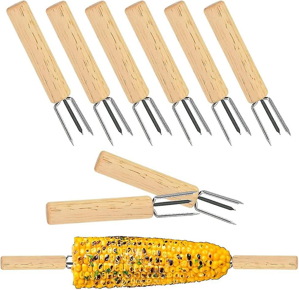 8 Pcs Fruit Fork 3 Prong Corn Skewer With Wooden Handle Rust Proof Corn Spike Stainless Steel Skewer Barbecue Bbq Skewers Corn Sharp For Fruit Vegetab