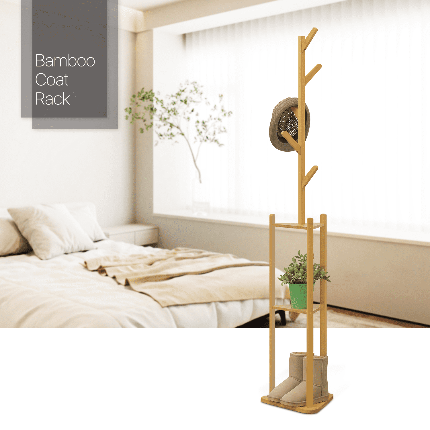 MoNiBloom Bamboo 3 Tiers Coat Rack， Clothes Storage Stand， Hooks Hall Tree， Natural， for Entryway