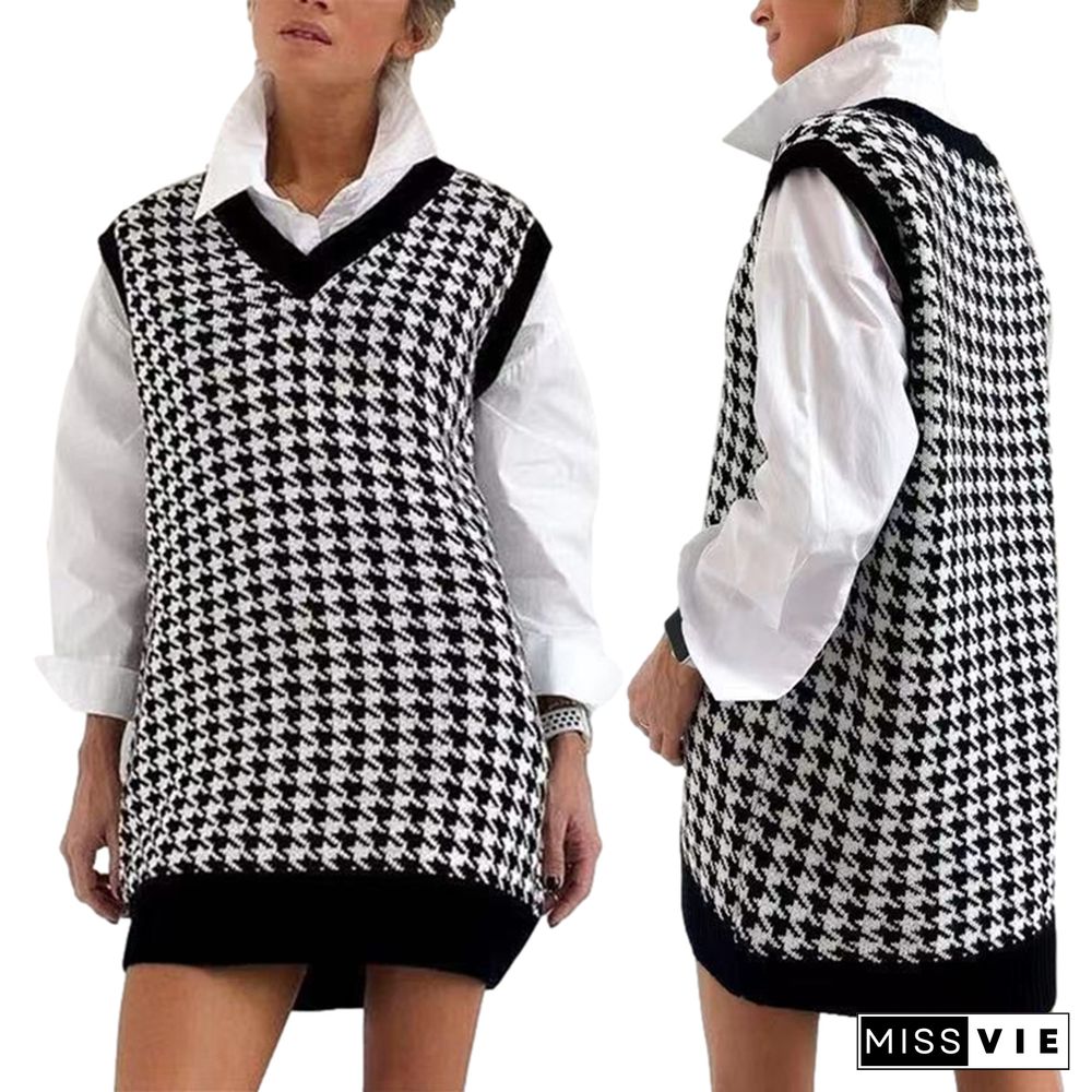 Womens Sweater Classic Female Knitted Vest Houndstooth Print V-Neck Sleeveless Knitwear Waistcoat Tops For Women Streetwear