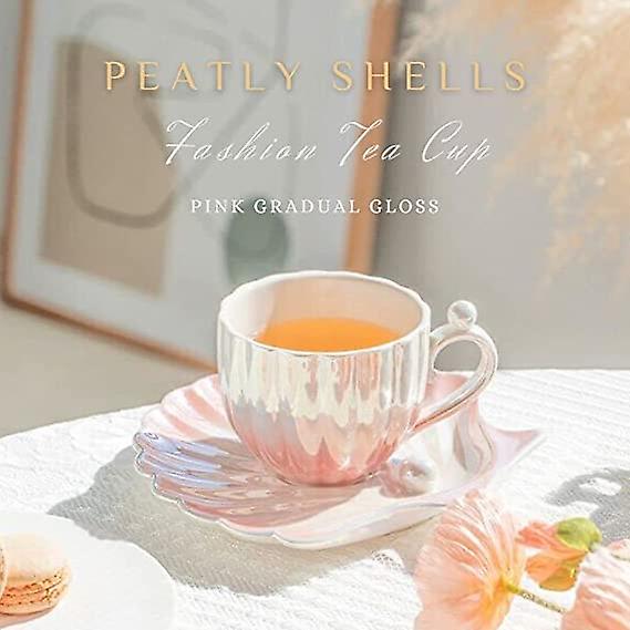 Ceramic Tea Cups And Saucers Coffee Mug Porcelain British Coffee Latte Cups Pearly Shells Pink