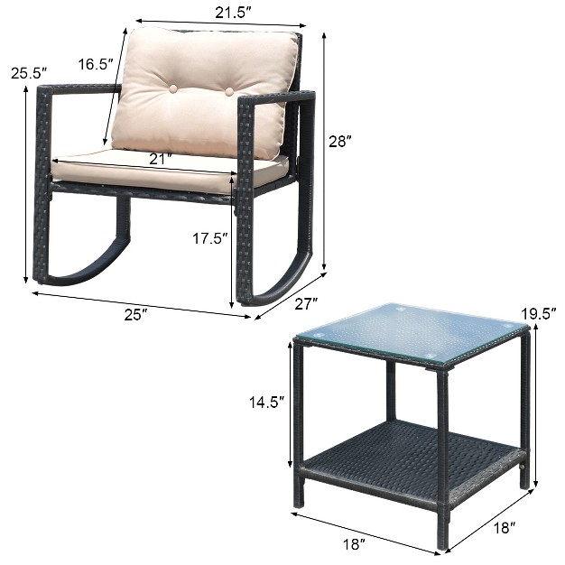 Costway 3pc Patio Rattan Conversation Set Rocking Chair Cushioned Sofa Garden Furniture