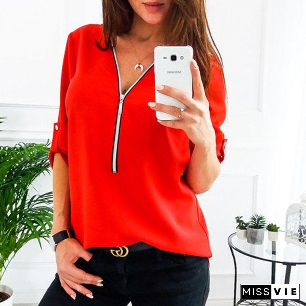 Fashion Sexy V-neck Zipper Long Sleeve Solid Color Plus Size Chiffon Shirt