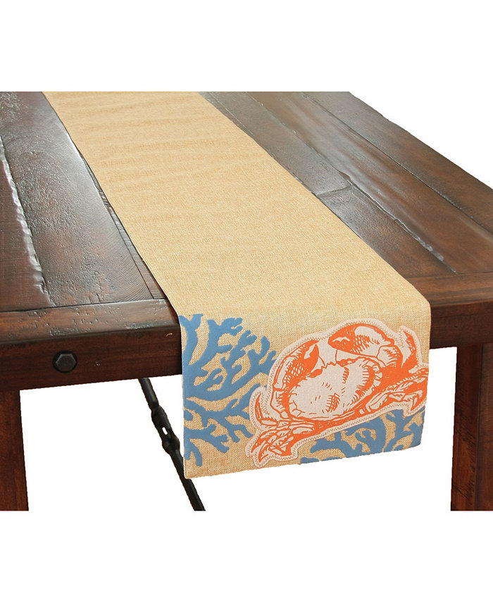 Xia Home Fashions Applique Crab with Print Coral Coastal Table Runner 13.5 x 72