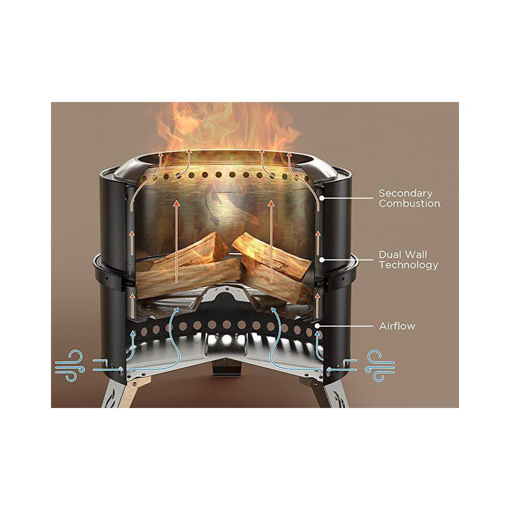 TURBRO 19 in. Smokeless Fire Pit for Outdoor Wood Burning Portable Stainless Steel Stove with Stand Nested Design Black Pluto R19 BK