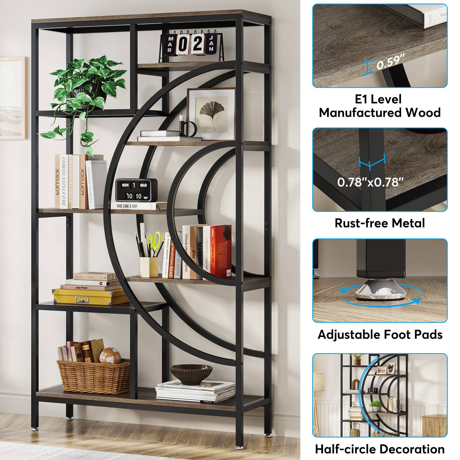 8-Tier Bookshelf, 71 Geometric Bookcase, Industrial Etagere Shelving Unit