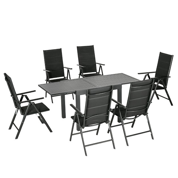 Outsunny 7 Piece Patio Dining Set For 6 Expandable Outdoor Table Folding amp Reclining Chairs Aluminum Frames Mesh Fabric Seats Black