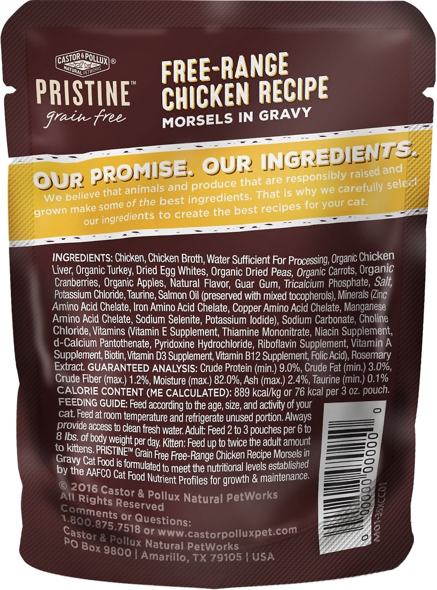 Castor and Pollux PRISTINE Grain-Free Free-Range Chicken Recipe Morsels in Gravy Cat Food Pouches