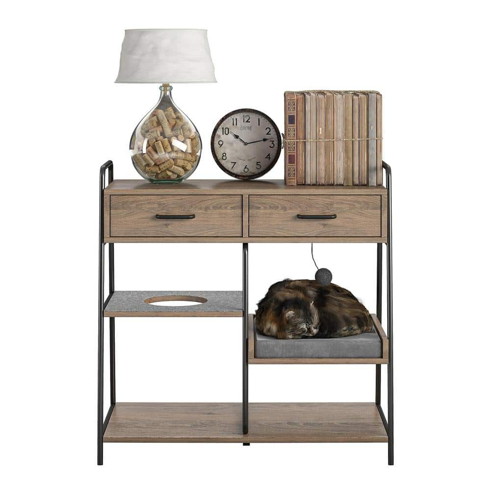 OLLIE & HUTCH O'Malley Accent Table with Medium Cat Bed, Rustic Oak 6920333COM