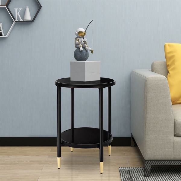 17.7 in. Black Round Tempered Glass End Table with Bottom Storage Shelf and Metal Frame