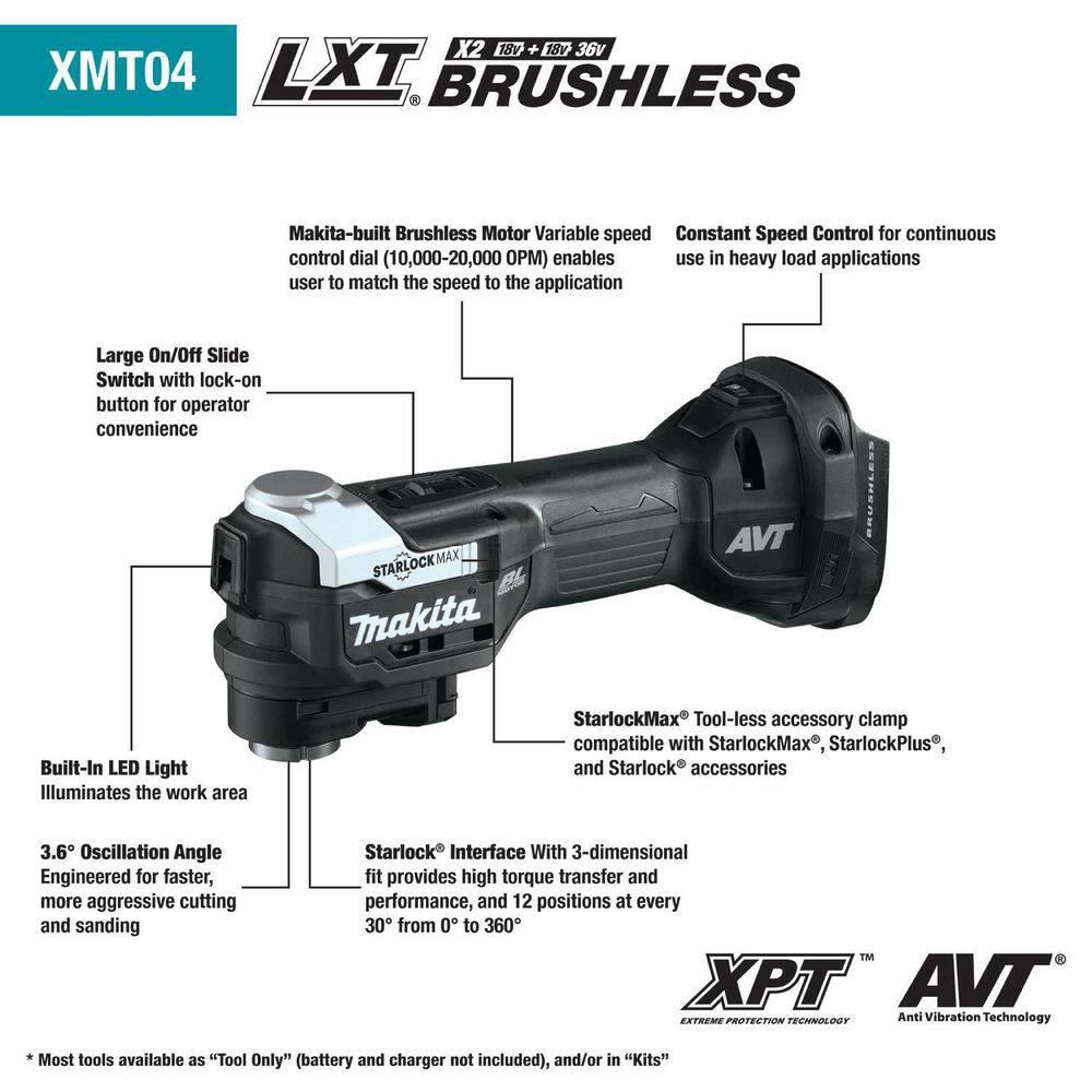 Makita 18V LXT Lithium-Ion Sub-Compact Brushless Cordless StarlockMax Oscillating Multi-Tool Kit (2.0Ah) XMT04R1B