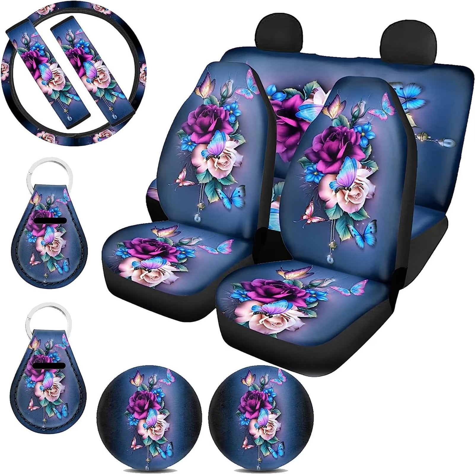 Pzuqiu Purple Butterfly Car Accessories Car Seat Covers Full Set for Women with Steering Wheel Covers，Universal Fit Front and Rear Bench Protection，Seat Belt Pads+Cars Coaster Holder+Keychains