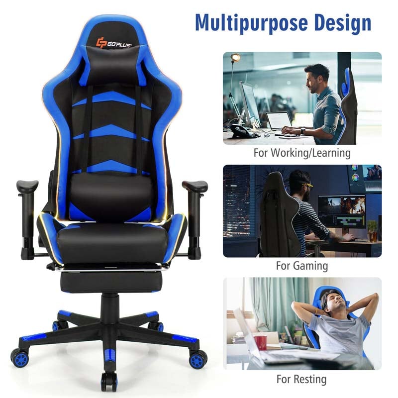 LED Massage Gaming Chair, Height Adjustable Racing Computer Office Chair with Footrest, Ergonomic High Back PU Swivel Game Chair