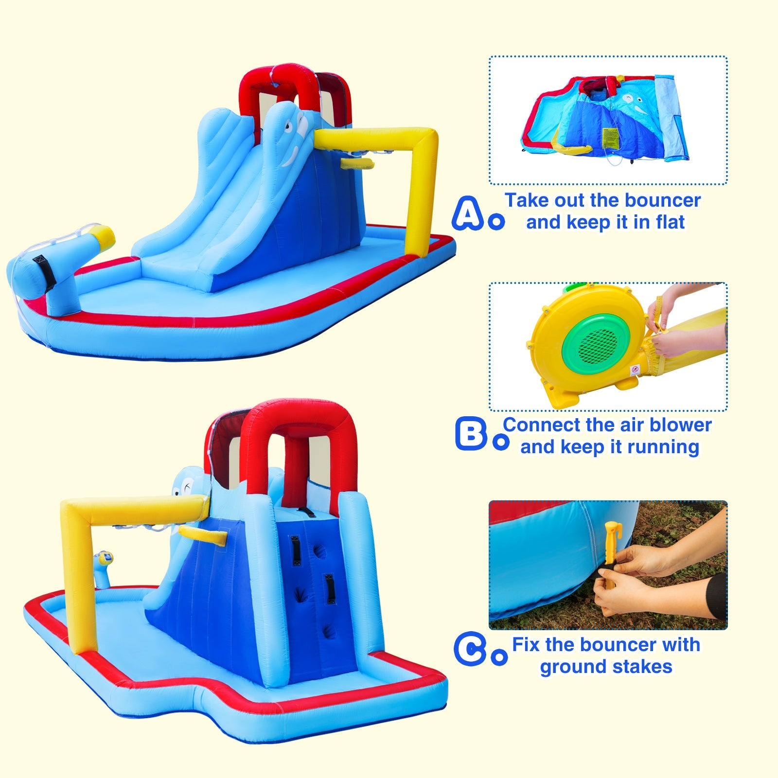 JOYLDIAS Kids Inflatable Bounce House Water Slide Bouncer Playhouse Castle with 3 Water Guns, Splash Pool, Climbing Wall, Basketball Hoop, Bag, Air Blower