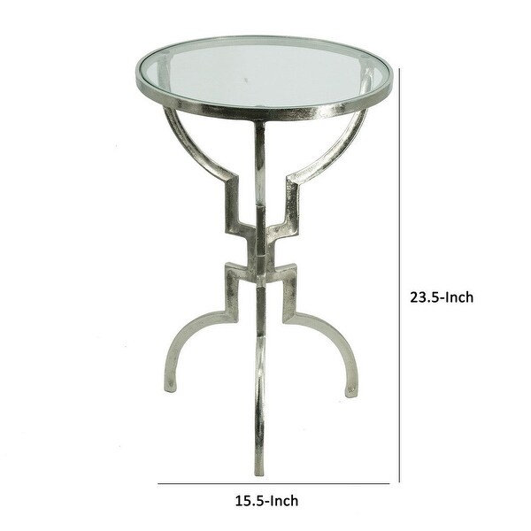 24 Inch Accent Side Table， Smooth Glass Top， Hourglass Base， Silver Finish - 15.7L x 15.7W x 23.6H， in inches