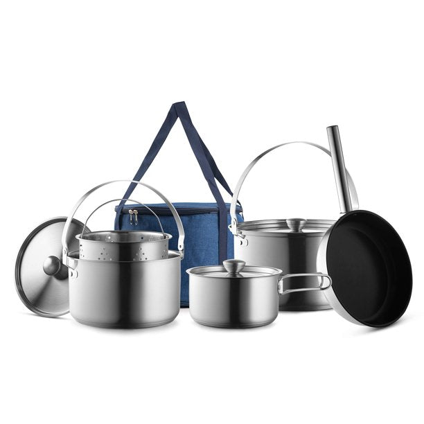 Camping Cookware Set 304 Stainless Steel 8-Piece Pot & Pan Kit Compact Outdoors