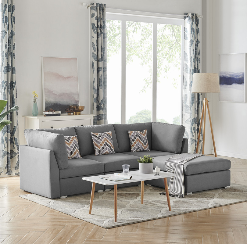 Amira Gray Linen Fabric Sofa with Ottoman and Accent Pillows   Contemporary   Sectional Sofas   by Morning Design Group  Inc  Houzz