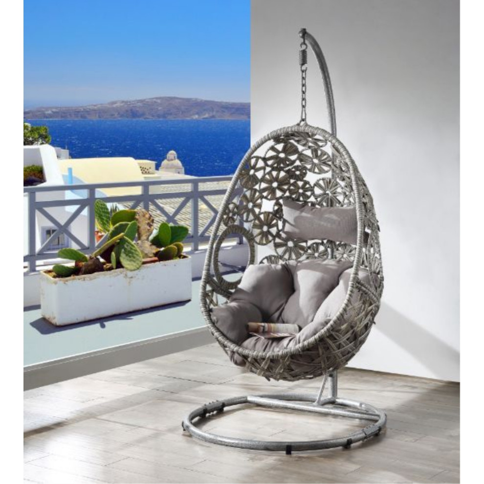 Ergode Patio Hanging Chair With Stand Light Gray Fabric and Wicker   Contemporary   Hammocks And Swing Chairs   by VirVentures  Houzz