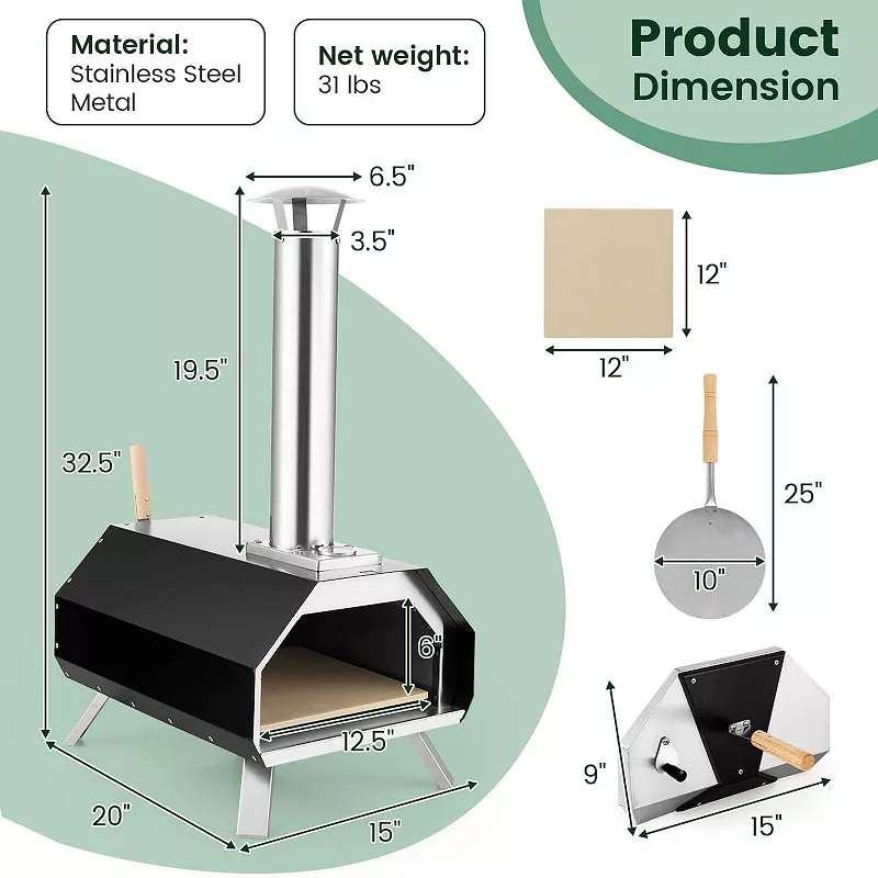 Outdoor Pizza Oven with Pizza Stone and Foldable Legs for Camping-Black