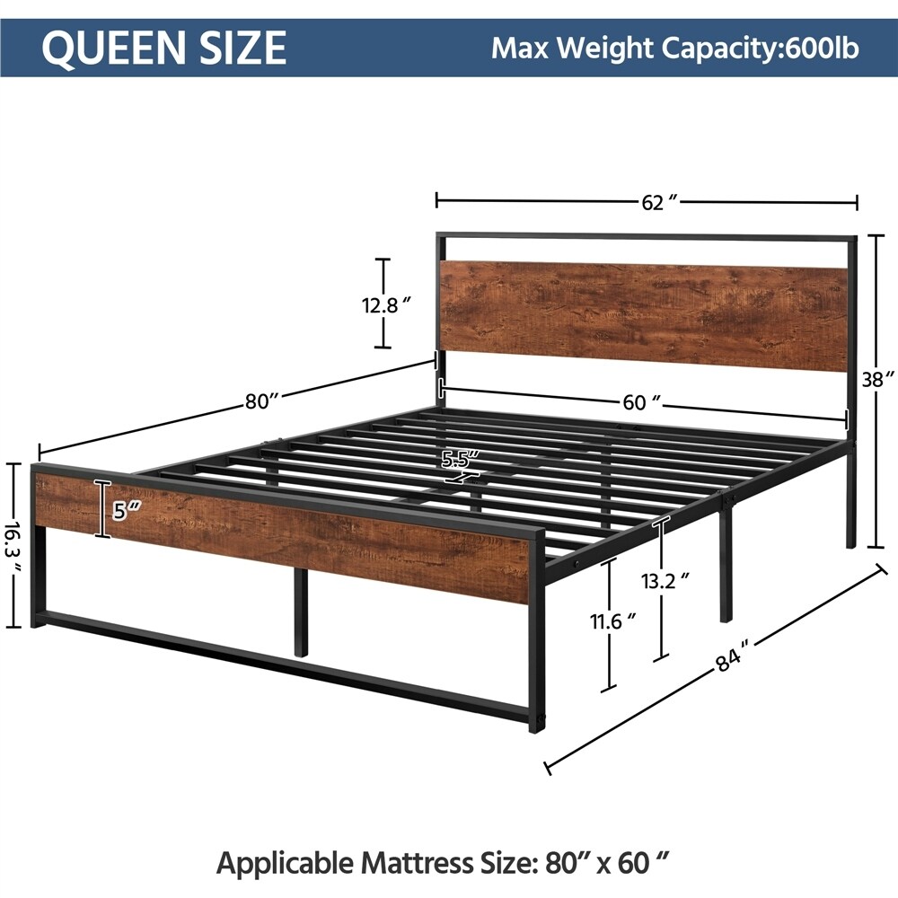 Yaheetech Rustic Metal Platform Bed Frame Sturdy Slatted Bed Base