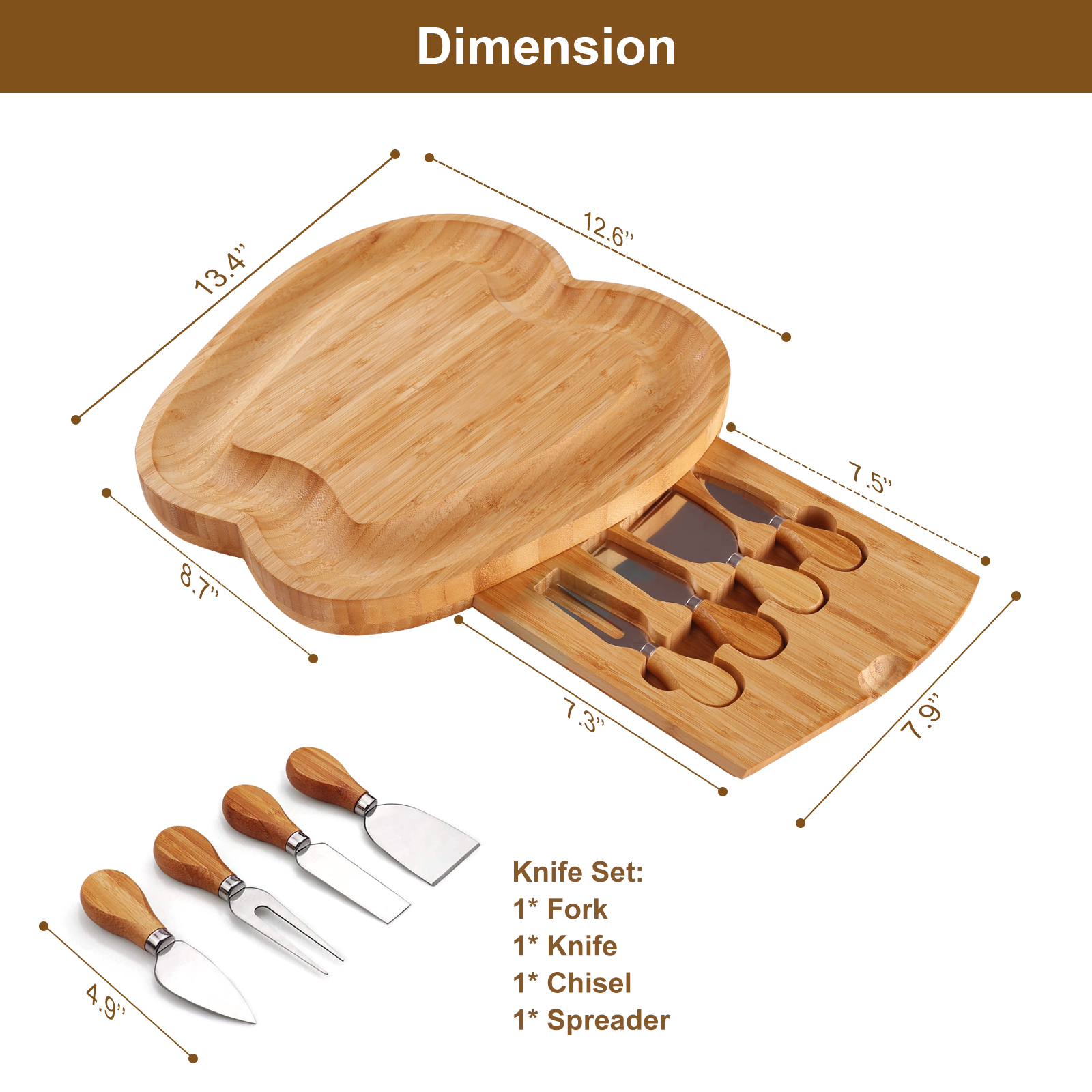 Rush To Sky Bamboo Cheese Board with Knives Set， 13-inch Brown Classic Charcuterie Board， Large Meat Cheese Serving Platter， Charcuterie Platter for Party Christmas