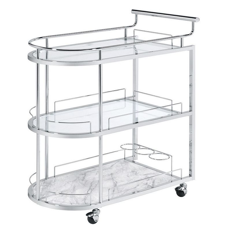 Serving Cart with Oval Shape and Metal Bar Handle， Silver