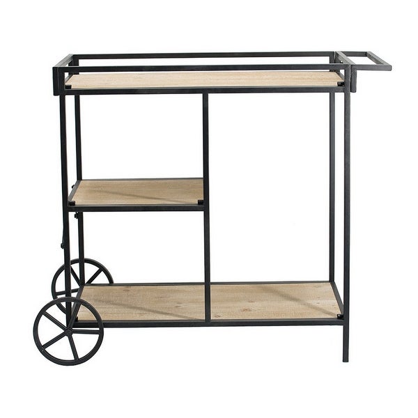 32 Inch Bar Cart， 3 Tiers， Fir Wood Shelves， Iron Frame， Black， Brown