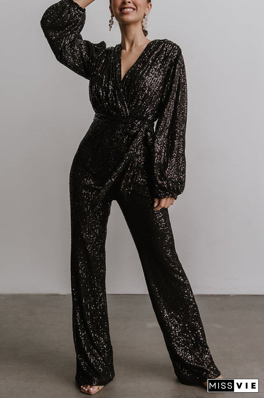 Sequin Draped Belted Puff Sleeve Wide Leg Jumpsuit