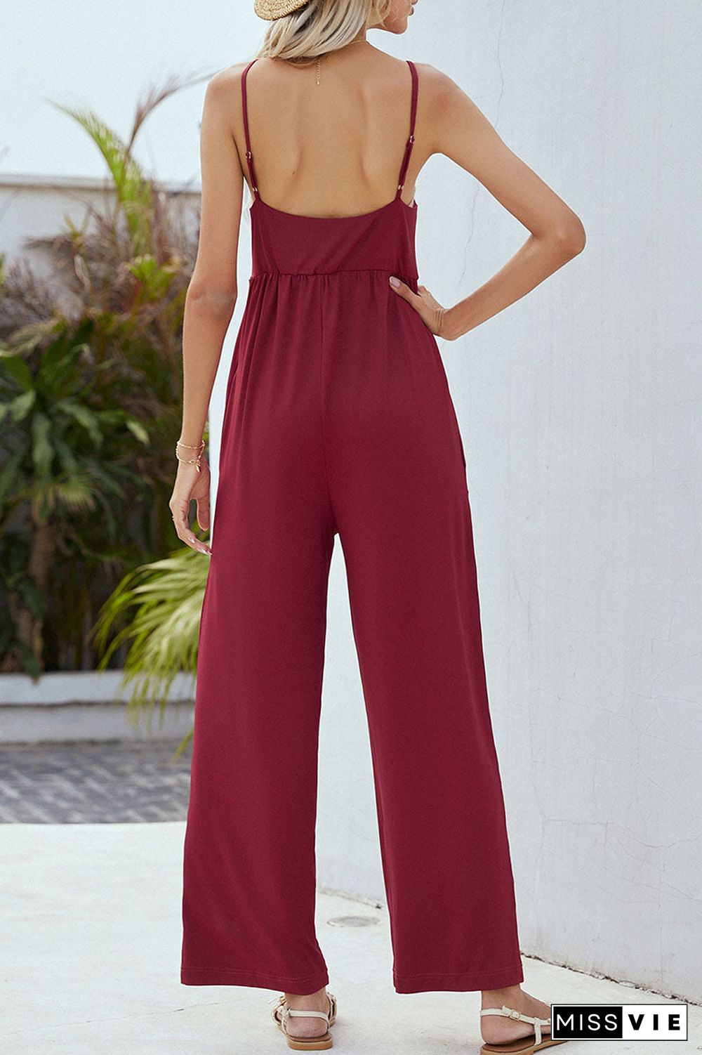 Fashion Street Solid Split Joint V Neck Loose Jumpsuits