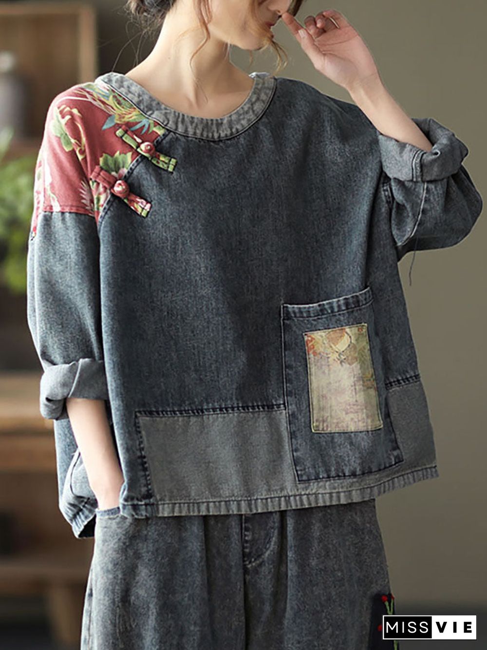 Women Retro Stitching Patchwork Print Floral Denim Sweatshirt