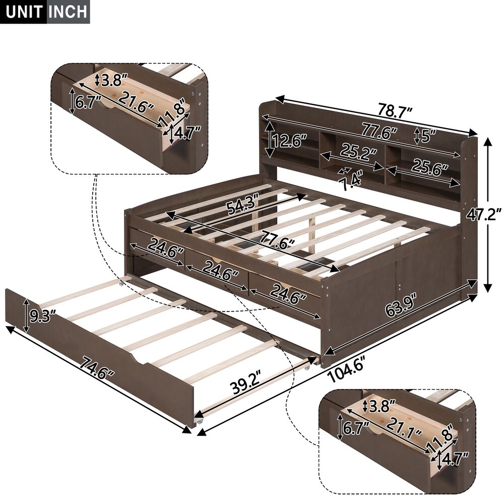 Wooden Captain Bed Platform Bed Frame with Rectangular Storage Headboard Built in Bookshelves  3 Storage Drawers and Trundle