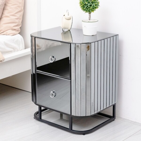 Black Iron Frame Mirrored Nightstand for Bedroom