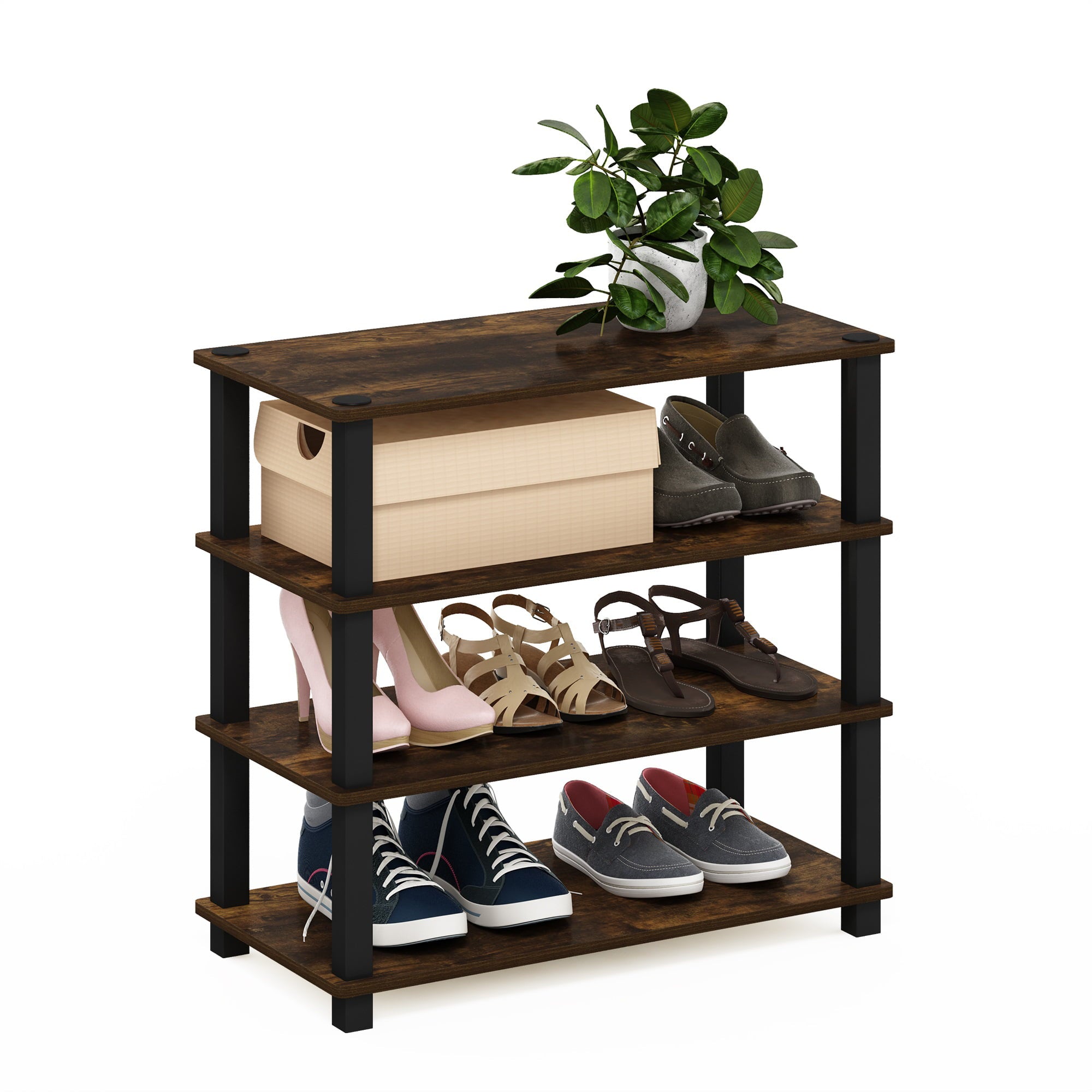 Furinno 4-Tier Turn-S-Tube Shoe Rack， Wood， Amber Pine and Black