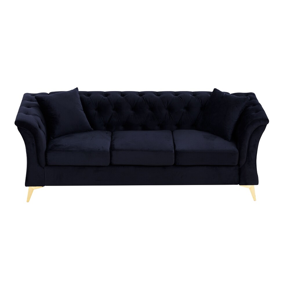 Black Modern 3 Seater Button Tufted Sofa with Soft Tufted Velvet Upholstery  Scroll Arms  and Gold Metal Legs for Living Room