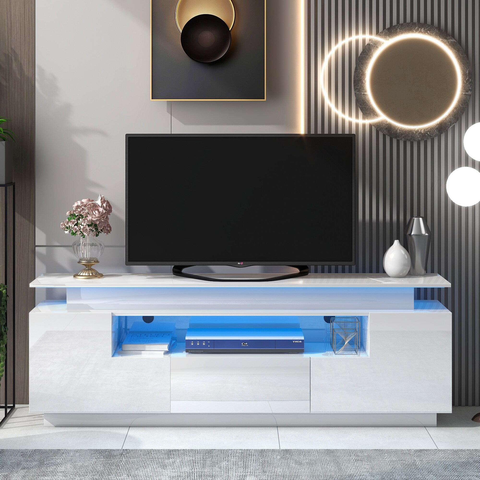 High Gloss UV Veneer TV Console RGB LED TV Stand with 4 Door Cabinets