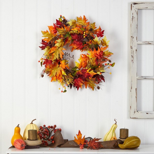 Nearly Natural 24 Autumn Maple Leaf And Berries Artificial Fall Wreath With Twig Base